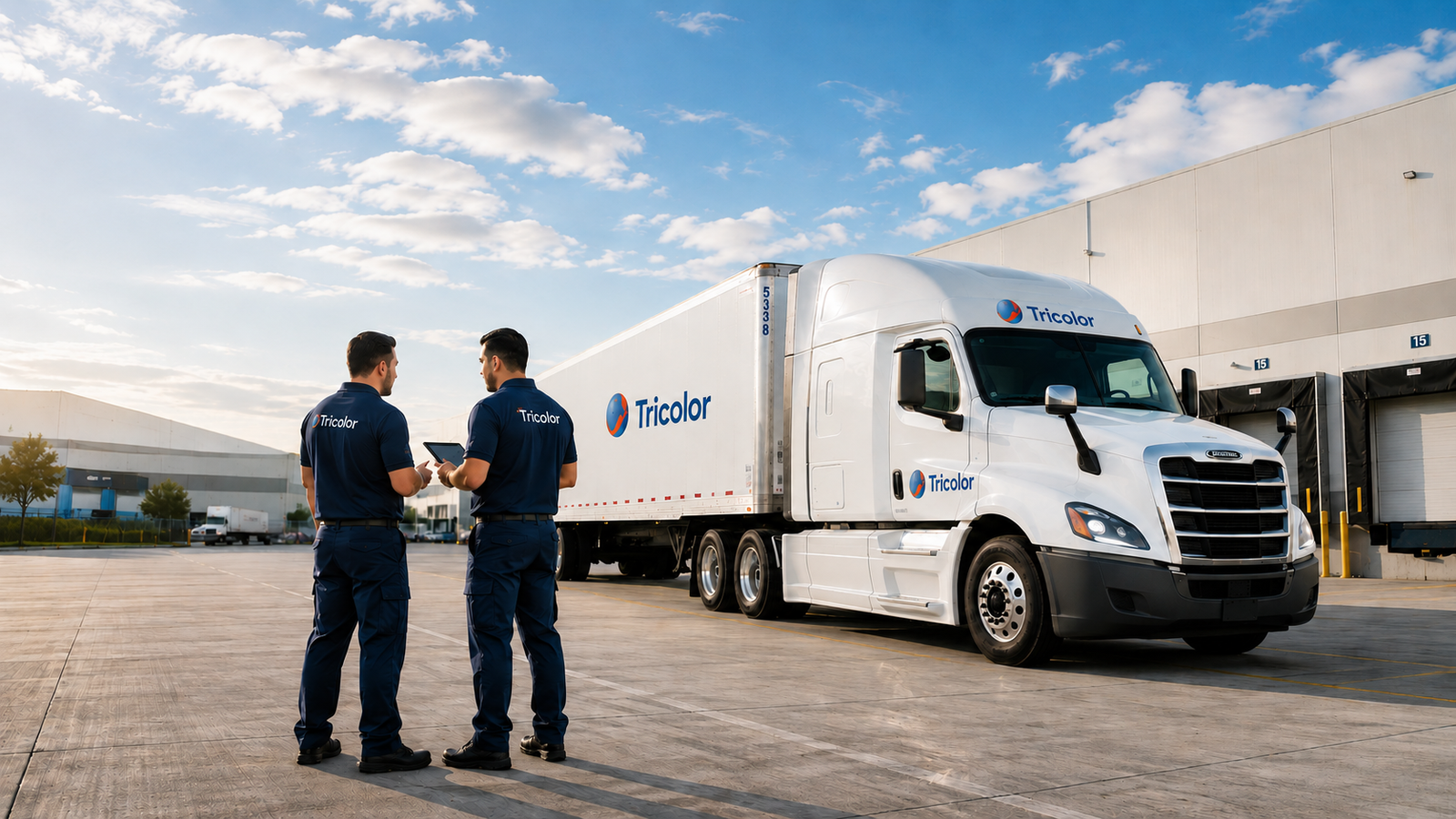 Equipo de Autotransportes Tricolor junto a una unidad de transporte